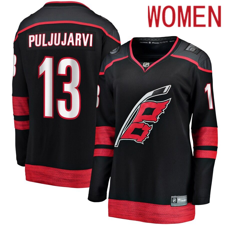 Women Carolina Hurricanes #13 Jesse Puljujarvi Fanatics Branded Black Home Breakaway NHL Jersey